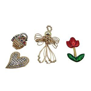 Lot 4 Vintage Brooches Angel Enamel Flower Rhinestone Basket and Heart Gold Tone